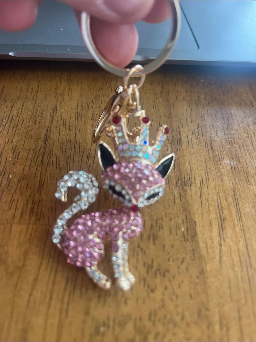 Pink Rhinestone Fox Keychain with Pink Pom Pom